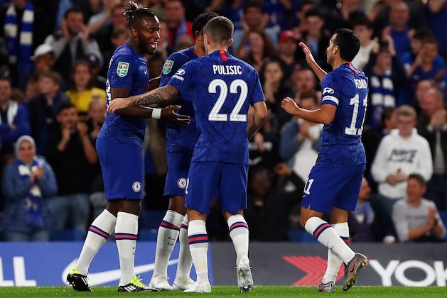 LONDON, ENGLAND - SEPTEMBER 25: Michy Batshuayi of Chelsea celebrates after he scores his sides second goal during the Carabao Cup Third Round match between Chelsea FC and Grimsby Town at Stamford Bridge on September 25, 2019 in London, England. (Photo by Dan Istitene/Getty Images)
