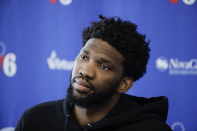 Philadelphia 76ers' Joel Embiid speaks with members of the media during a news conference at the NBA basketball team's practice facility in Camden, N.J., Monday, May 13, 2019. (AP Photo/Matt Rourke)