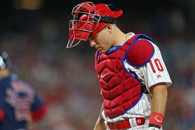 PHILADELPHIA, PA - SEPTEMBER 14: J.T. Realmuto #10 of the Philadelphia Phillies in action against the Boston Red Sox during a game at Citizens Bank Park on September 14, 2019 in Philadelphia, Pennsylvania. (Photo by Rich Schultz/Getty Images)