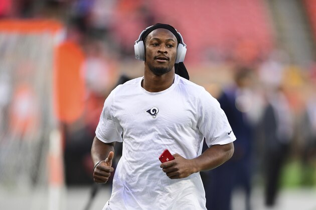 Los Angeles Rams running back Todd Gurley warms up before an NFL football game against the Cleveland Browns, Sunday, Sept. 22, 2019, in Cleveland. (AP Photo/David Dermer)