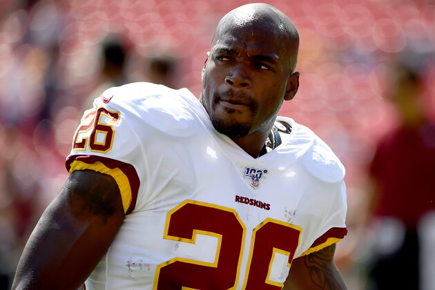 LANDOVER, MD - SEPTEMBER 15: Adrian Peterson #26 of the Washington Redskins looks on prior to the game against the Dallas Cowboys at FedExField on September 15, 2019 in Landover, Maryland. (Photo by Will Newton/Getty Images)