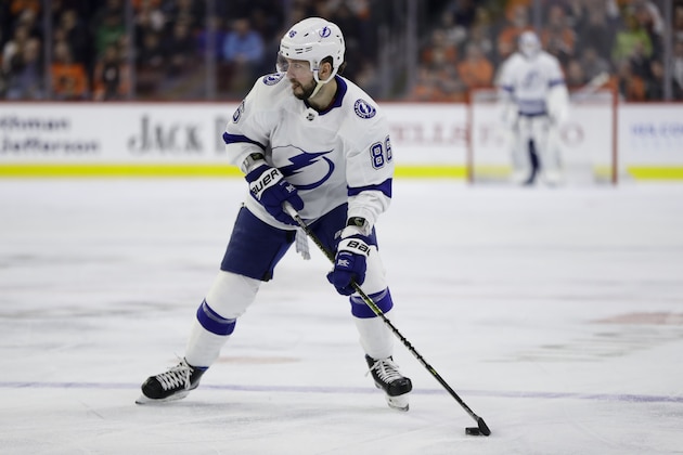 Tampa Bay Lightning's Nikita Kucherov in action during an NHL hockey game against the Philadelphia Flyers, Tuesday, Feb. 19, 2019, in Philadelphia. (AP Photo/Matt Slocum)