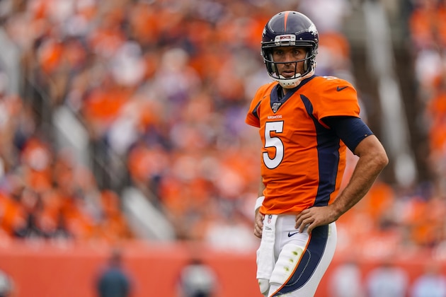 Denver Broncos quarterback Joe Flacco looks on after a missed first down during an NFL football game between the Denver Broncos and the Chicago Bears, Sunday, Sept. 15, 2019, in Denver. (AP Photo/Jack Dempsey)