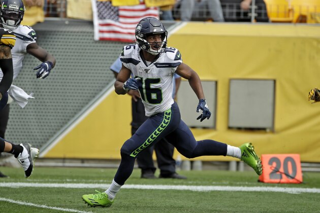 Seattle Seahawks wide receiver Tyler Lockett (16) looks for a pass during an NFL football game against the Pittsburgh Steelers, Sunday, Sept. 15, 2019, in Pittsburgh. (AP Photo/Gene J. Puskar)
