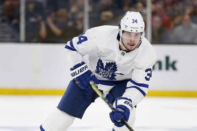 Toronto Maple Leafs' Auston Matthews (34) skates against the Boston Bruins during the third period in Game 5 of an NHL hockey first-round playoff series in Boston, Friday, April 19, 2019. (AP Photo/Michael Dwyer)