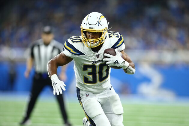 DETROIT, MI - SEPTEMBER 15: Austin Ekeler #30 of the Los Angeles Chargers runs with the ball in the fourth quarter during a game against the Detroit Lions  at Ford Field on September 15, 2019 in Detroit, Michigan. (Photo by Rey Del Rio/Getty Images)