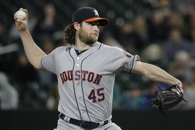 Houston Astros starting pitcher Gerrit Cole throws during the first inning of the team's baseball game against the Seattle Mariners, Tuesday, Sept. 24, 2019, in Seattle. (AP Photo/Ted S. Warren)