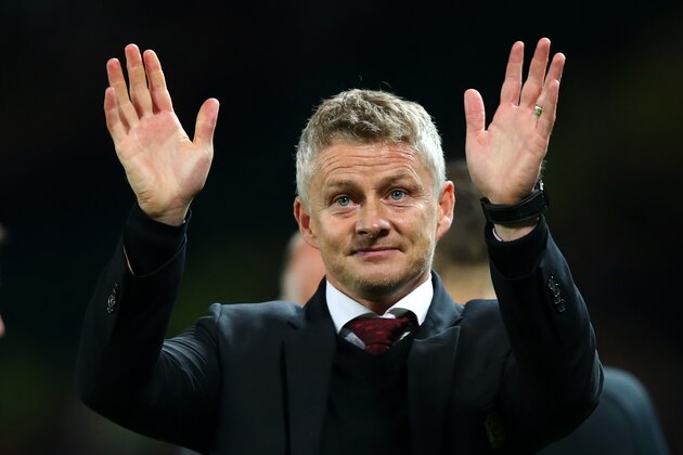 MANCHESTER, ENGLAND - SEPTEMBER 25:  Manchester United Manager, Ole Gunnar Solskjaer thanks the fans after victory in the Carabao Cup Third Round match between Manchester United and Rochdale AFC at Old Trafford on September 25, 2019 in Manchester, England. (Photo by Alex Livesey/Getty Images)