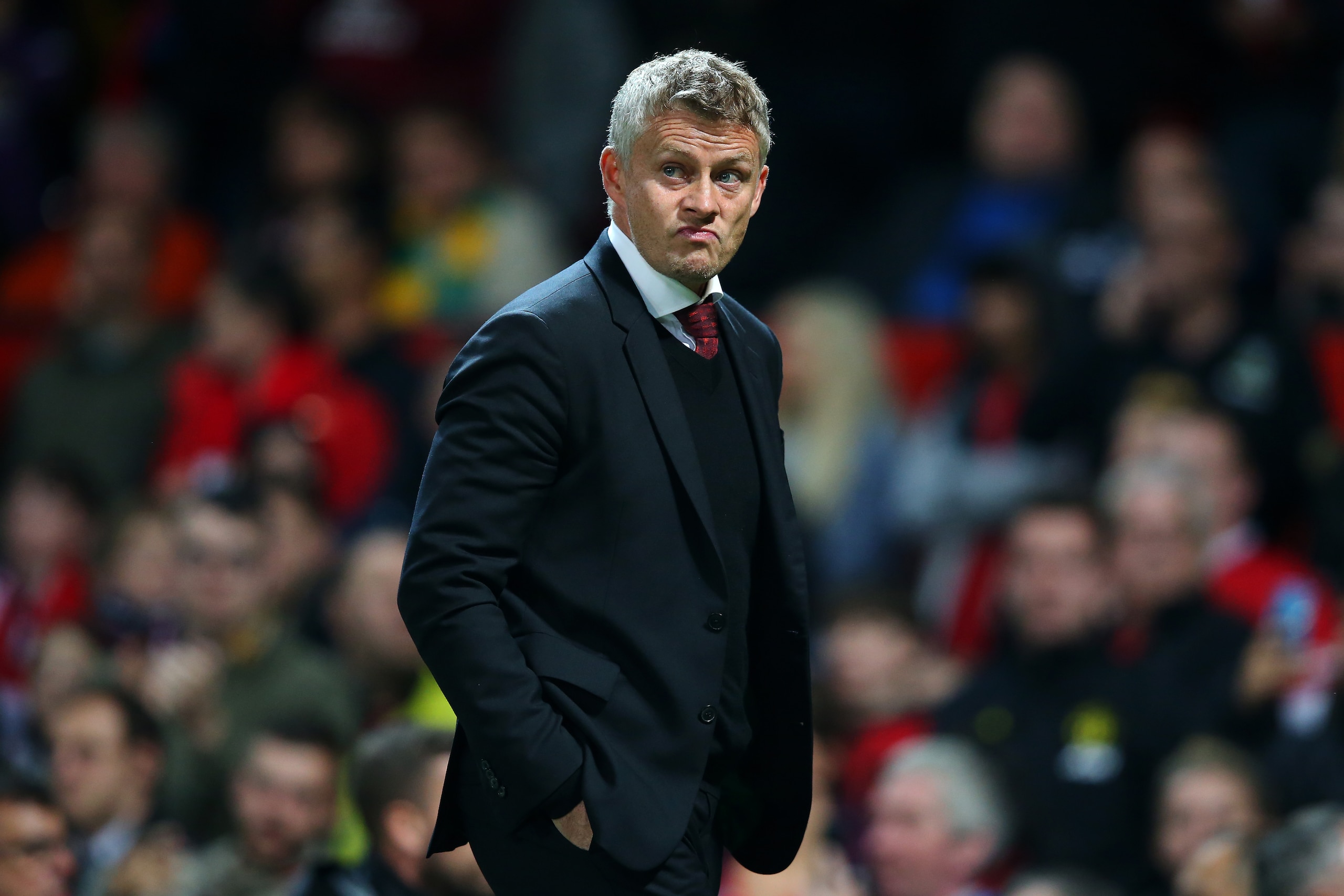 MANCHESTER, ENGLAND - SEPTEMBER 25:  Manchester United Manager, Ole Gunnar Solskjaer walks off at half time during the Carabao Cup Third Round match between Manchester United and Rochdale AFC at Old Trafford on September 25, 2019 in Manchester, England. (Photo by Alex Livesey/Getty Images)
