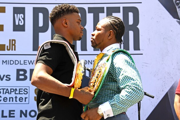 LOS ANGELES, CA - AUGUST 13: (L-R) Errol Spence Jr. and Shawn Porter face off during a press conference at STAPLES Center Star Plaza to preview their upcoming Welterweight World Championship fight on August 13, 2019 in Los Angeles, California. (Photo by Jayne Kamin-Oncea/Getty Images)