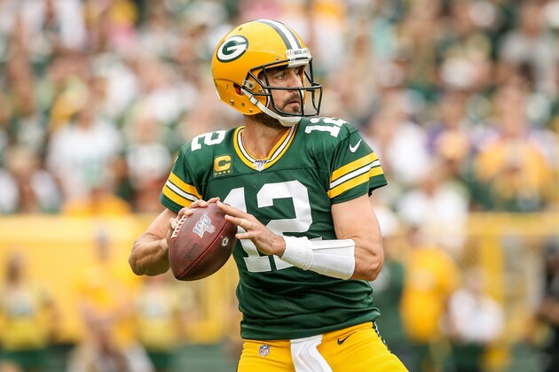 GREEN BAY, WISCONSIN - SEPTEMBER 15:  Aaron Rodgers #12 of the Green Bay Packers throws a pass in the first quarter against the Minnesota Vikings at Lambeau Field on September 15, 2019 in Green Bay, Wisconsin. (Photo by Dylan Buell/Getty Images)