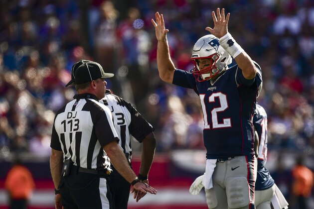 FOXBOROUGH, MA - SEPTEMBER 22: Tom Brady #12 of the New England Patriots argues with the referee during the third quarter of a game against the New York Jets at Gillette Stadium on September 22, 2019 in Foxborough, Massachusetts. (Photo by Billie Weiss/Getty Images)