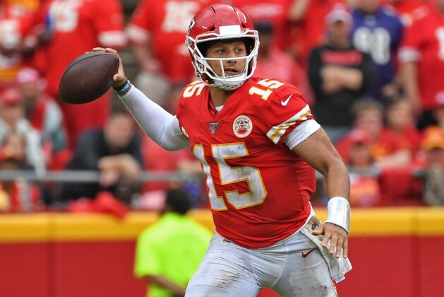 KANSAS CITY, MO - SEPTEMBER 22:  Quarterback Patrick Mahomes #15 of the Kansas City Chiefs throws a pass against the Baltimore Ravens during the second half at Arrowhead Stadium on September 22, 2019 in Kansas City, Missouri. (Photo by Peter G. Aiken/Getty Images)