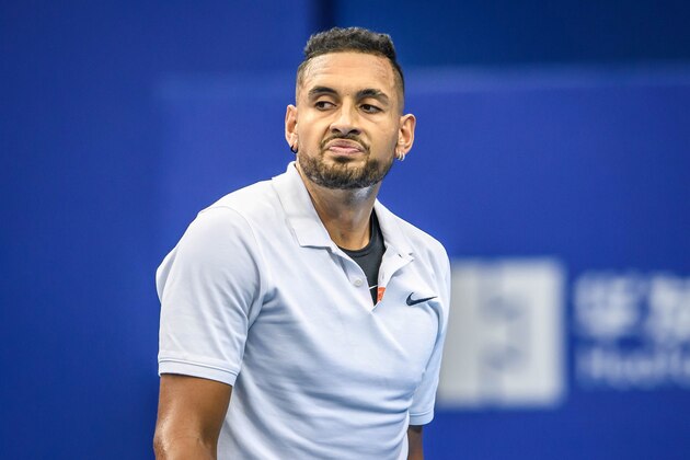 Nick Kyrgios of Australia reacts during his men's singles first round match against Andreas Seppi of Italy at the Zhuhai Championships tennis tournament in Zhuhai in China's southern Guangdong province on September 25, 2019. (Photo by STR / AFP) / China OUT        (Photo credit should read STR/AFP/Getty Images)