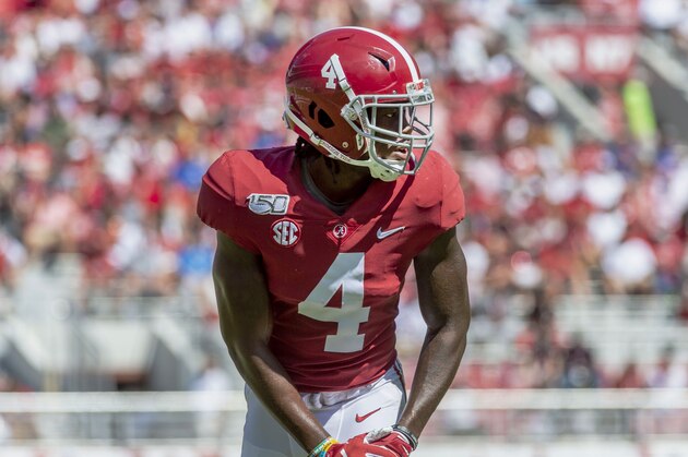 Alabama wide receiver Jerry Jeudy (4) during the first half of an NCAA college football game against Southern Miss, Saturday, Sept. 21, 2019, in Tuscaloosa, Ala. (AP Photo/Vasha Hunt)