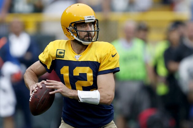Green Bay Packers quarterback Aaron Rodgers drops back to pass during the first half of an NFL football game against the Denver Broncos, Sunday, Sept. 22, 2019, in Green Bay, Wis. (AP Photo/Matt Ludtke) Green Bay Packers quarterback Aaron Rodgers drops back to pass during the first half of an NFL football game against the Denver Broncos, Sunday, Sept. 22, 2019, in Green Bay, Wis. (AP Photo/Matt Ludtke)