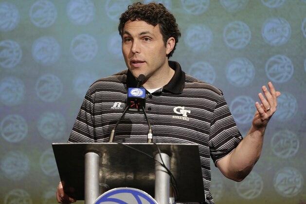 Georgia Tech head coach Josh Pastner answers a question during the Atlantic Coast Conference men's NCAA college basketball media day in Charlotte, N.C., Wednesday, Oct. 25, 2017. (AP Photo/Chuck Burton)