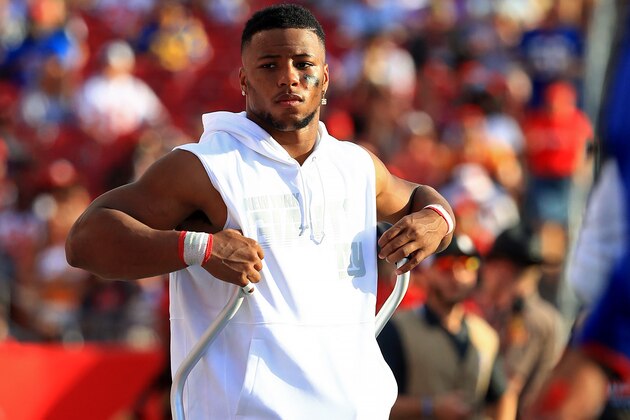 TAMPA, FLORIDA - SEPTEMBER 22: Saquon Barkley #26 of the New York Giants looks on after injuring his ankle during a game against the Tampa Bay Buccaneers at Raymond James Stadium on September 22, 2019 in Tampa, Florida. (Photo by Mike Ehrmann/Getty Images)