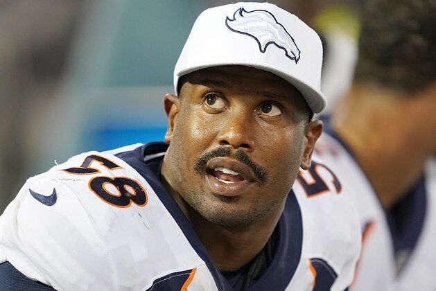 OAKLAND, CA - SEPTEMBER 09:  Von Miller #58 of the Denver Broncos looks on from the bench against the Oakland Raiders during the second quarter of an NFL football game at RingCentral Coliseum on September 9, 2019 in Oakland, California.  (Photo by Thearon W. Henderson/Getty Images)