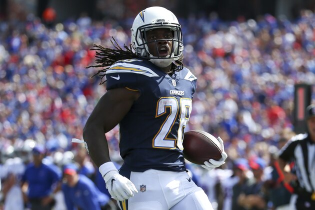 Los Angeles Chargers running back Melvin Gordon (28) reacts to scoring a touchdown against the Buffalo Bills during the first half of an NFL game on Sunday, Sept. 16, 2018, in Orchard Park, N.Y. (AP Photo/Rich Barnes)