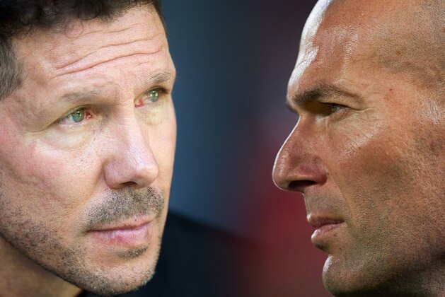 FILE PHOTO (EDITORS NOTE: COMPOSITE OF IMAGES - Image numbers 852372342,956612460 - GRADIENT ADDED) In this composite image a comparison has been made between Manager Diego Simeone of Club Atletico de Madrid (L) and Head coach Zinedine Zidane of Real Madrid. The Madrid derby takes place on September 28, 2019 at the Wanda Metropolitano stadium in Madrid,Spain.  ***LEFT IMAGE*** MADRID, SPAIN - SEPTEMBER 23: Manager Diego Simeone of Club Atletico de Madrid looks on during the La Liga match between Atletico Madrid and Sevilla at Wanda Metropolitano on September 23, 2017 in Madrid, Spain. (Photo by Denis Doyle/Getty Images) ***RIGHT IMAGE***  SEVILLE, SPAIN - MAY 09: Head coach Zinedine Zidane of Real Madrid looks on prior to the start the La Liga match between Sevilla FC and Real Madrid at Ramon Sanchez Pizjuan stadium on May 9, 2018 in Seville, Spain. (Photo by Aitor Alcalde/Getty Images)