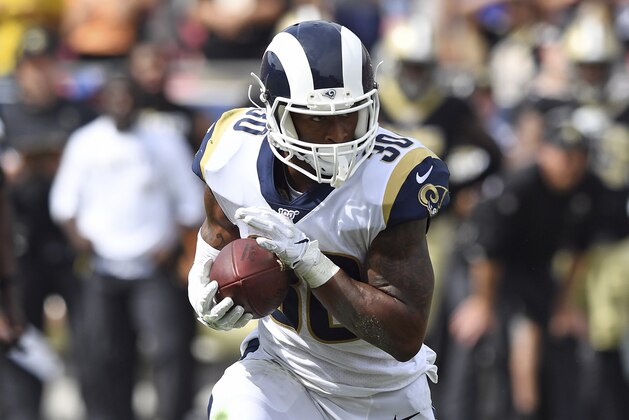 Los Angeles Rams running back Todd Gurley II (30) gains yards on a run during an NFL football game against the New Orleans Saints, Sunday, September 15, 2019 in Los Angeles. The Rams defeated the Saints 27-9. (John Cordes/AP Images for Panini)