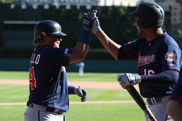 DETROIT, MICHIGAN - SEPTEMBER 26: Willians Astudillo #64 of the Minnesota Twins celebrates his eighth inning home run with Jonathan Schoop #16 while playing the Detroit Tigers at Comerica Park on September 26, 2019 in Detroit, Michigan. (Photo by Gregory Shamus/Getty Images)