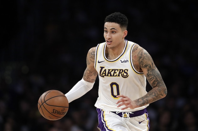 Los Angeles Lakers' Kyle Kuzma during an NBA basketball game Sunday, March 24, 2019, in Los Angeles. (AP Photo/Marcio Jose Sanchez)
