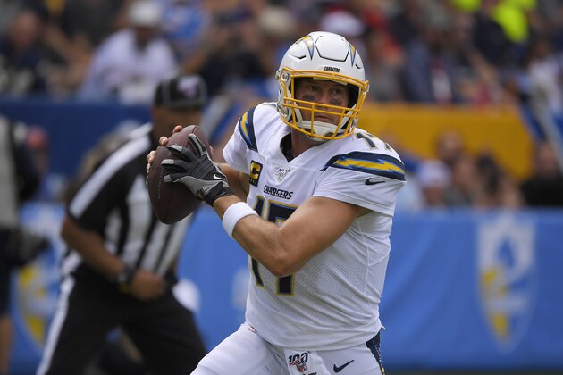Los Angeles Chargers quarterback Philip Rivers gets set to pass during the first half of an NFL football game against the Houston Texans Sunday, Sept. 22, 2019, in Carson, Calif. (AP Photo/Mark J. Terrill)