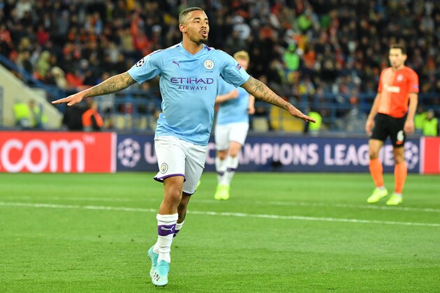 Manchester City's Brazilian striker Gabriel Jesus celebrates after scoring a goal during the UEFA Champions League Group C football match between FC Shakhtar Donetsk and Manchester City FC at the OSK Metalist stadium in Kharkiv on September 18, 2019. (Photo by Sergei SUPINSKY / AFP)        (Photo credit should read SERGEI SUPINSKY/AFP/Getty Images)