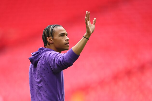 LONDON, ENGLAND - AUGUST 04: Leroy Sane of Manchester City waves to the fans during the FA Community Shield fixture between Liverpool and Manchester City  at Wembley Stadium on August 4, 2019 in London, England. (Photo by Robbie Jay Barratt - AMA/Getty Images)