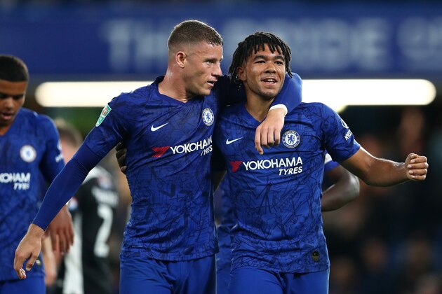 LONDON, ENGLAND - SEPTEMBER 25: Reece James of Chelsea celebrates with Ross Barkley of Chelsea after he scores his sides 5th goal during the Carabao Cup Third Round match between Chelsea FC and Grimsby Town at Stamford Bridge on September 25, 2019 in London, England. (Photo by Dan Istitene/Getty Images)