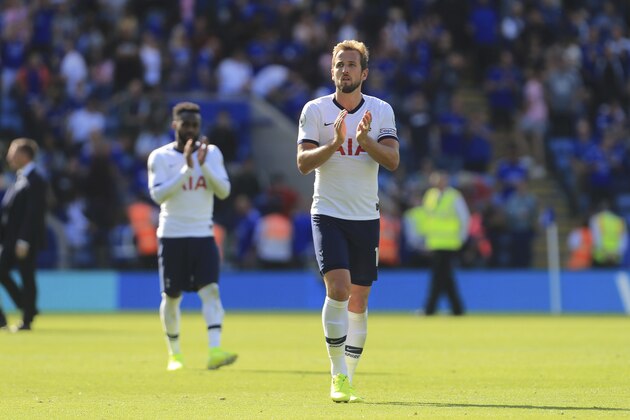 Tottenham's Harry Kane applauds his side's fans after they lost to Leicester 2-1 in the English Premier League soccer match between Leicester City and Tottenham Hotspur at the King Power Stadium in Leicester, England, Saturday, Sept. 21, 2019. (AP Photo/Leila Coker)