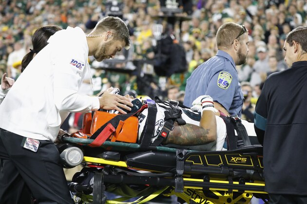 Philadelphia Eagles cornerback Avonte Maddox is carted off the field after being injured on a play during the second half of an NFL football game against the Green Bay Packers Thursday, Sept. 26, 2019, in Green Bay, Wis. Philadelphia won 34-27. (AP Photo/Jeffrey Phelps)