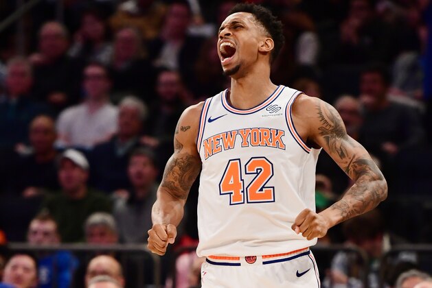 NEW YORK, NEW YORK - MARCH 17: Lance Thomas #42 of the New York Knicks reacts during the second half of the game against the Los Angeles Lakers at Madison Square Garden on March 17, 2019 in New York City. NOTE TO USER: User expressly acknowledges and agrees that, by downloading and or using this photograph, User is consenting to the terms and conditions of the Getty Images License Agreement. (Photo by Sarah Stier/Getty Images)