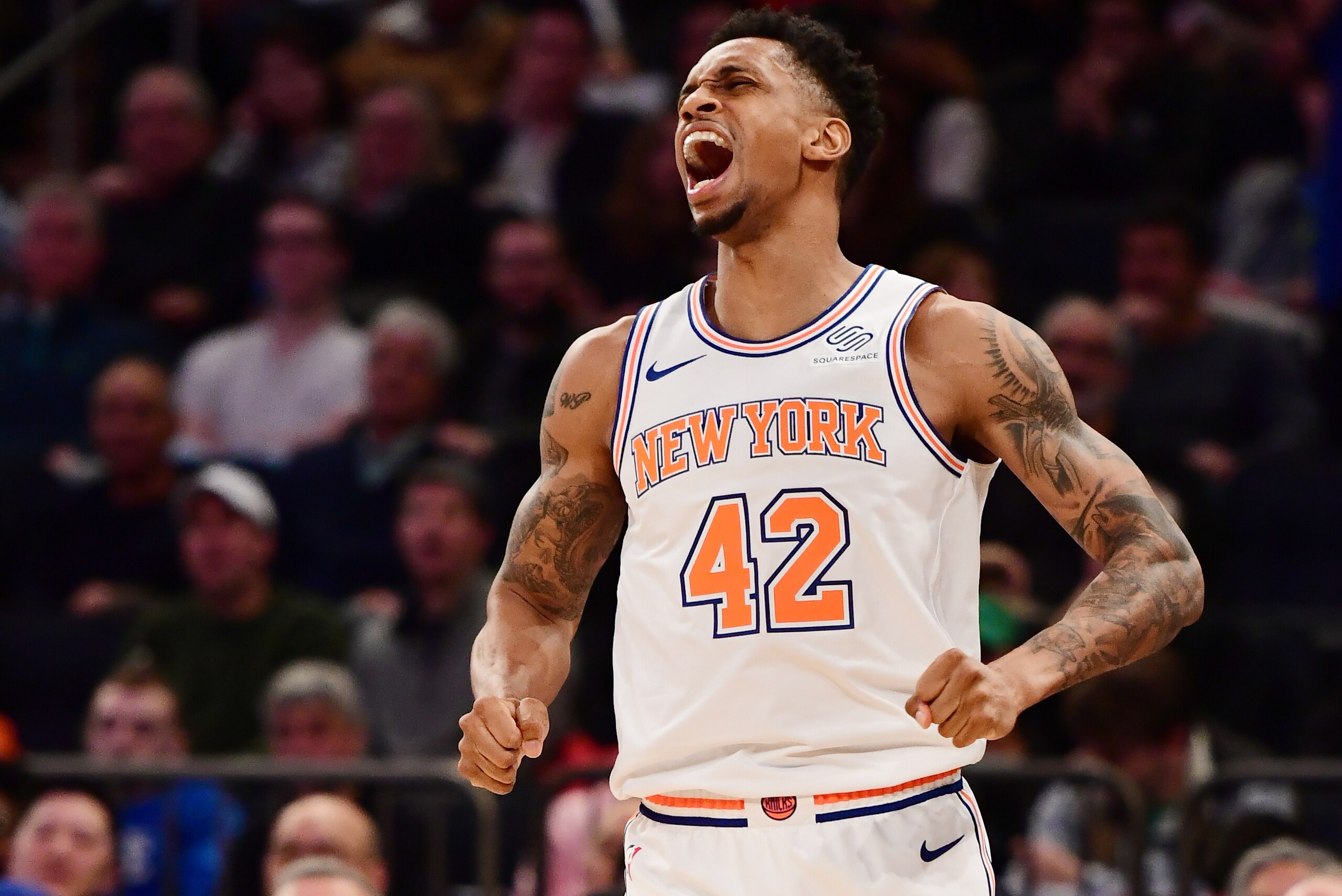 NEW YORK, NEW YORK - MARCH 17: Lance Thomas #42 of the New York Knicks reacts during the second half of the game against the Los Angeles Lakers at Madison Square Garden on March 17, 2019 in New York City. NOTE TO USER: User expressly acknowledges and agrees that, by downloading and or using this photograph, User is consenting to the terms and conditions of the Getty Images License Agreement. (Photo by Sarah Stier/Getty Images) NEW YORK, NEW YORK - MARCH 17: Lance Thomas #42 of the New York Knicks reacts during the second half of the game against the Los Angeles Lakers at Madison Square Garden on March 17, 2019 in New York City. NOTE TO USER: User expressly acknowledges and agrees that, by downloading and or using this photograph, User is consenting to the terms and conditions of the Getty Images License Agreement. (Photo by Sarah Stier/Getty Images)