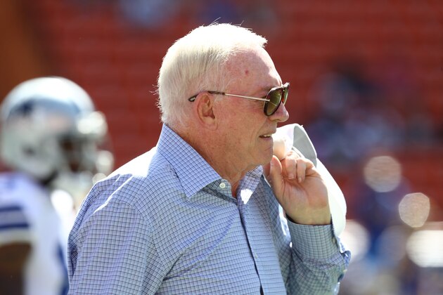 HONOLULU, HI - AUGUST 17: Jerry Jones owner of the Dallas Cowboys walks onto the field prior to the preseason against the Los Angeles Rams at Aloha Stadium on August 17, 2019 in Honolulu, Hawaii.  (Photo by Darryl Oumi/Getty Images)