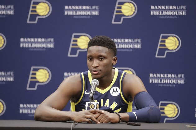 Indiana Pacers' Victor Oladipo speaks during the NBA basketball team's media day, Friday, Sept. 27, 2019, in Indianapolis. (AP Photo/Darron Cummings)
