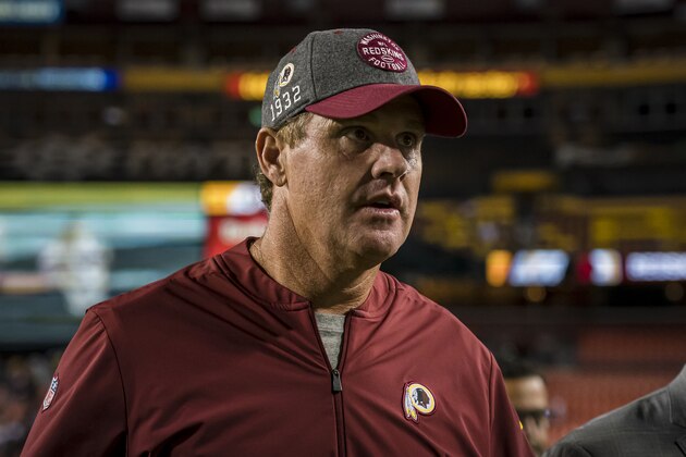 LANDOVER, MD - SEPTEMBER 23: Head coach Jay Gruden of the Washington Redskins leaves the field after the game against the Chicago Bears at FedExField on September 23, 2019 in Landover, Maryland. (Photo by Scott Taetsch/Getty Images)