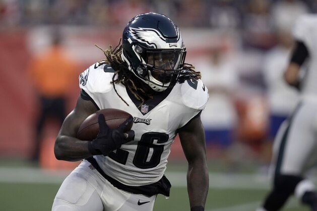 Philadelphia Eagles running back Jay Ajayi runs for yardage during the first half of a preseason NFL football game, Thursday, Aug. 16, 2018, in Foxborough, Mass. (AP Photo/Charles Krupa)