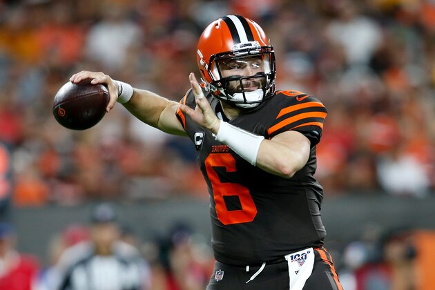 CLEVELAND, OH - SEPTEMBER 22:  Baker Mayfield #6 of the Cleveland Browns throws the ball during the game against the Los Angeles Rams at FirstEnergy Stadium on September 22, 2019 in Cleveland, Ohio. (Photo by Kirk Irwin/Getty Images)