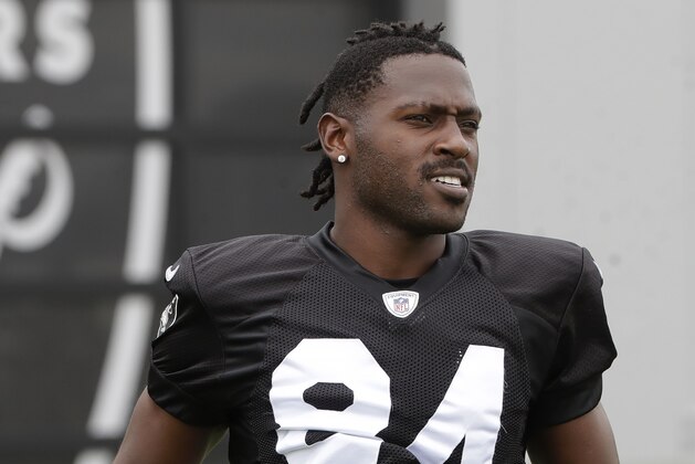 Oakland Raiders' Antonio Brown jogs onto the field before stretching during NFL football practice in Alameda, Calif., Tuesday, Aug. 20, 2019. (AP Photo/Jeff Chiu) Oakland Raiders' Antonio Brown jogs onto the field before stretching during NFL football practice in Alameda, Calif., Tuesday, Aug. 20, 2019. (AP Photo/Jeff Chiu)