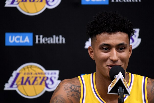 EL SEGUNDO, CALIFORNIA - SEPTEMBER 27:  Kyle Kuzma #0 of the Los Angeles Lakers speaks to the press during Los Angeles Lakers media day at UCLA Health Training Center on September 27, 2019 in El Segundo, California. (Photo by Harry How/Getty Images)