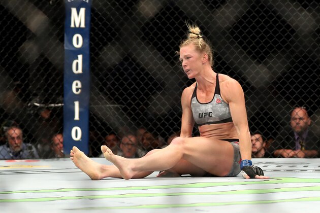 LAS VEGAS, NEVADA - JULY 06:  Holly Holm of the United States looks on after being knocked out by Amanda Nunes of Brazil during their UFC Women’s Bantamweight Title bout  at T-Mobile Arena on July 06, 2019 in Las Vegas, Nevada. (Photo by Sean M. Haffey/Getty Images)