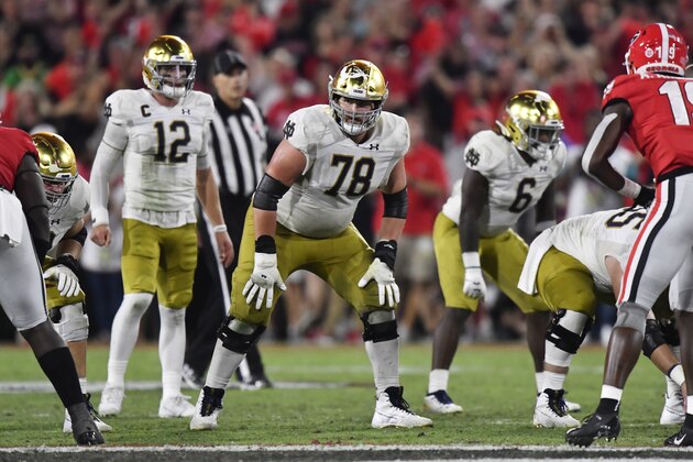 Notre Dame offensive lineman Tommy Kraemer (78) prepares to block against Georgia during the second half of an NCAA college football game, Saturday, Sept. 21, 2019, in Athens, Ga. (AP Photo/Mike Stewart) Notre Dame offensive lineman Tommy Kraemer (78) prepares to block against Georgia during the second half of an NCAA college football game, Saturday, Sept. 21, 2019, in Athens, Ga. (AP Photo/Mike Stewart)