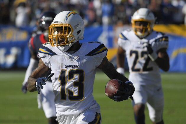 Los Angeles Chargers wide receiver Keenan Allen runs against the Houston Texans during the second half of an NFL football game Sunday, Sept. 22, 2019, in Carson, Calif. (AP Photo/Mark J. Terrill)