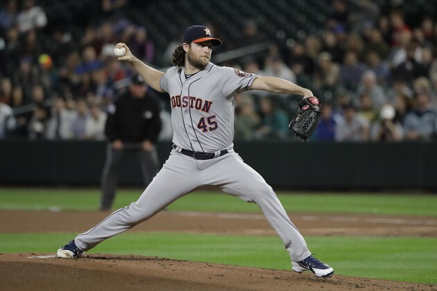 Houston Astros starting pitcher Gerrit Cole throws during the first inning of the team's baseball game against the Seattle Mariners, Tuesday, Sept. 24, 2019, in Seattle. (AP Photo/Ted S. Warren)