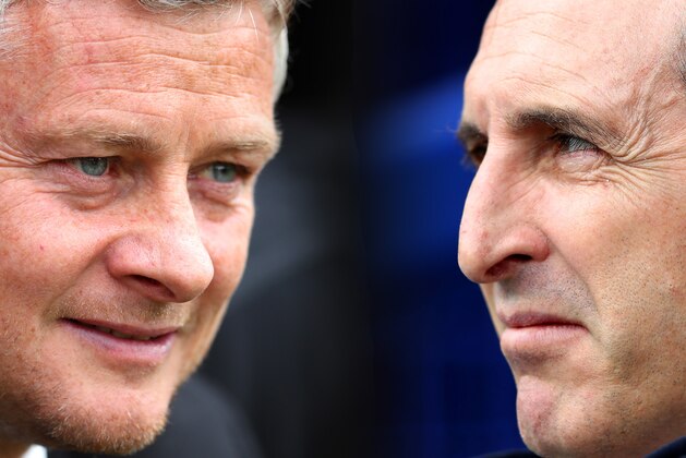 FILE PHOTO (EDITORS NOTE: COMPOSITE OF IMAGES - Image numbers 1171302519,1141040130 - GRADIENT ADDED) In this composite image a comparison has been made between Ole Gunnar Solskjaer, Manager of Manchester United (L) and Unai Emery, Manager of Arsenal . Manchester United and Arsenal meet in the Premier League on September 30, 2019 at Old Trafford Stadium in Manchester,England.  ***LEFT IMAGE*** SOUTHAMPTON, ENGLAND - AUGUST 31: Ole Gunnar Solskjaer, Manager of Manchester United looks on prior to the Premier League match between Southampton FC and Manchester United at St Mary's Stadium on August 31, 2019 in Southampton, United Kingdom. (Photo by Catherine Ivill/Getty Images) ***RIGHT IMAGE***  LIVERPOOL, ENGLAND - APRIL 07: Unai Emery, Manager of Arsenal looks on prior to the Premier League match between Everton FC and Arsenal FC at Goodison Park on April 07, 2019 in Liverpool, United Kingdom. (Photo by Clive Brunskill/Getty Images)