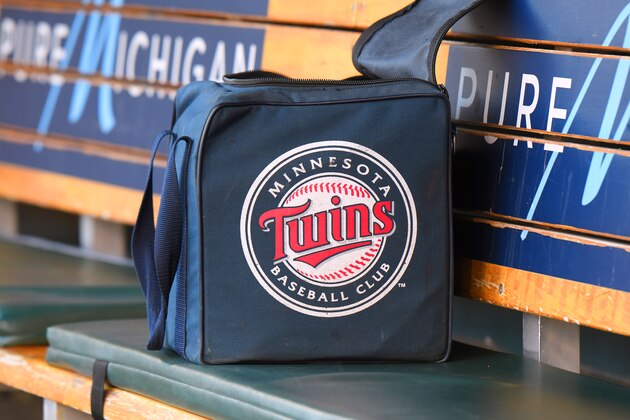 DETROIT, MI - SEPTEMBER 24:  A detailed view of a Minnesota Twins equipment bag sitting in the dugout prior to the game against the Detroit Tigers at Comerica Park on September 24, 2019 in Detroit, Michigan. The Twins defeated the Tigers 4-2.  (Photo by Mark Cunningham/MLB Photos via Getty Images)