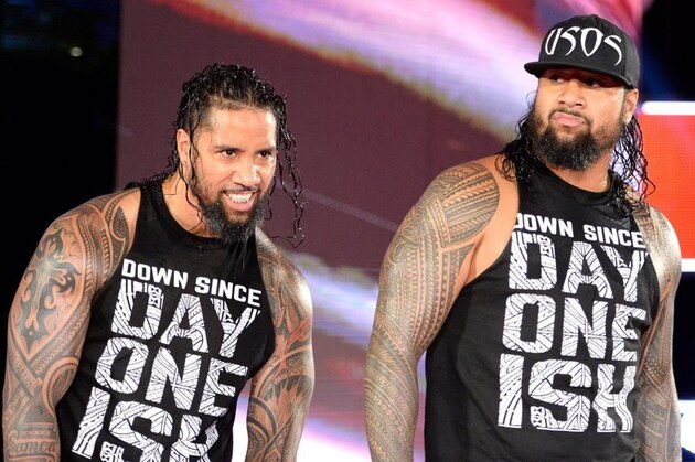 COLOGNE, GERMANY - FEBRUARY 11: The Usos during WWE Road to WrestleMania at the Lanxess Arena on February 11, 2016 in Cologne, Germany. (Photo by Marc Pfitzenreuter/Getty Images)